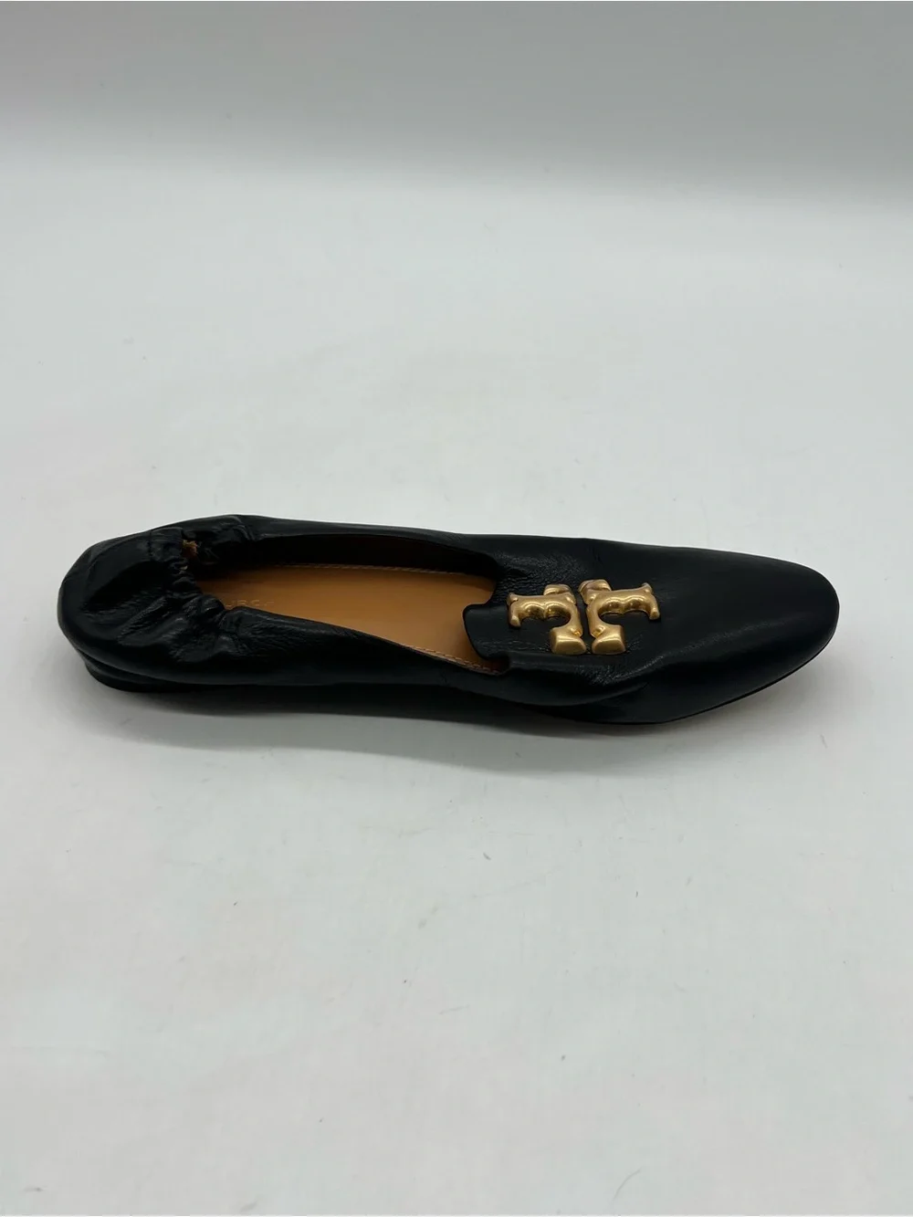 Tory Burch Eleanor Logo Goat Women 8.5M Black Leather Flat Loafers Shoes